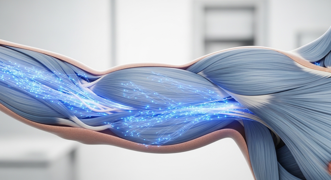 A 3D scientific illustration of skeletal muscle fibers absorbing glucose particles from the bloodstream to demonstrate insulin sensitivity and blood sugar regulation.